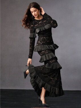 Anewsta Black Lace Tiered Ruffle Dress